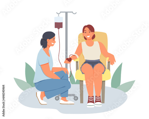 Smiling nurse standing near young lady and talking. Doctor collects blood from woman. Volunteering organization members. Lifesaving impact of blood. Vector flat illustration