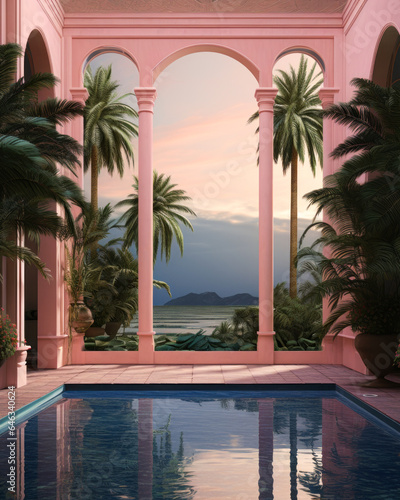 Sunseton the poolhouse, on the seashore. Resort pastel design. Luxury house with swimming pool.