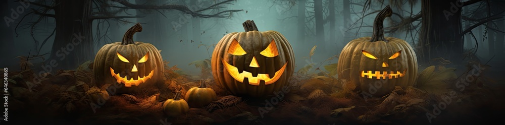 Halloween pumpkin head jack o lantern with glowing face on dark background. Generative AI Halloween pumpkin head jack o lantern with glowing face on dark background. Generative AI