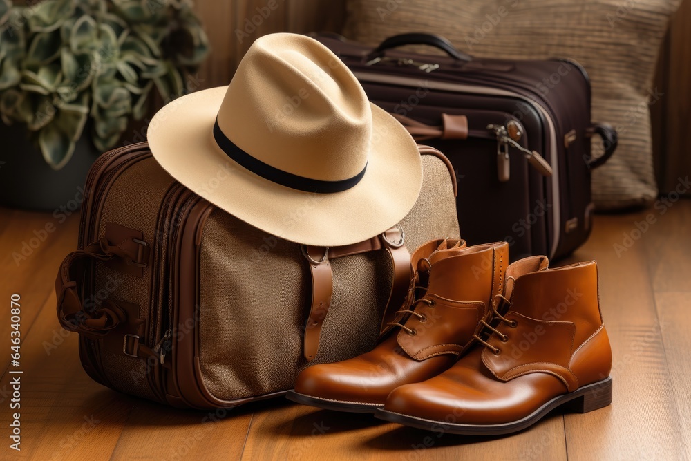 Tourism or travel concept. Leather bag, boots, hat. Generative AI Tourism or travel concept. Leather bag, boots, hat. Generative AI