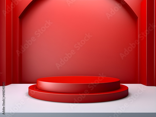 Empty red podium pedestal modern stand product display abstract background 3d rendering