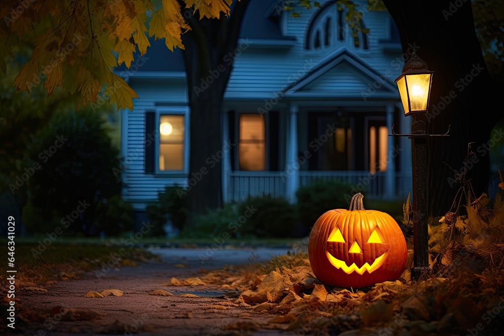 Obraz premium Jack-o-lantern Halloween pumpkin near the house. Festive home decorations. Generative AI