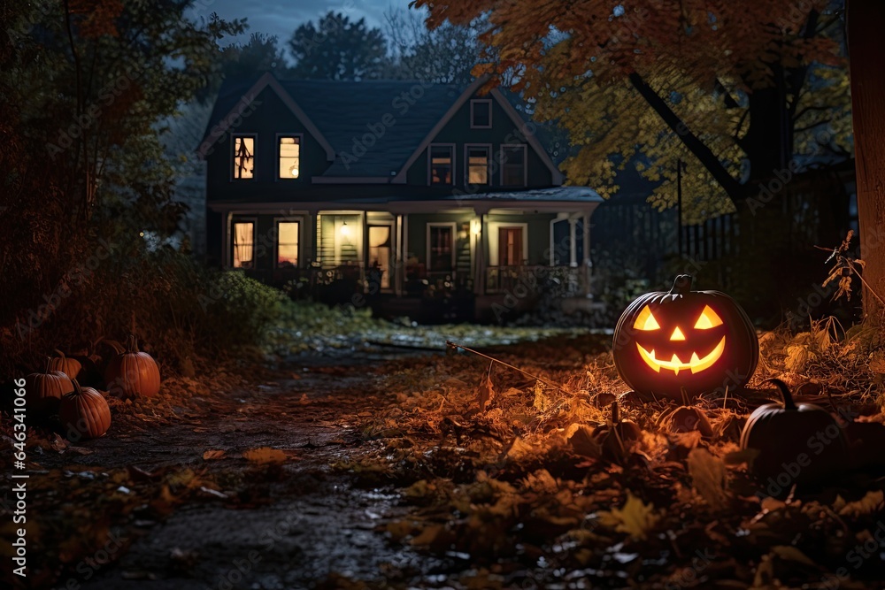 Jack-o-lantern Halloween pumpkin near the house. Festive home decorations. Generative AI Jack-o-lantern Halloween pumpkin near the house. Festive home decorations. Generative AI