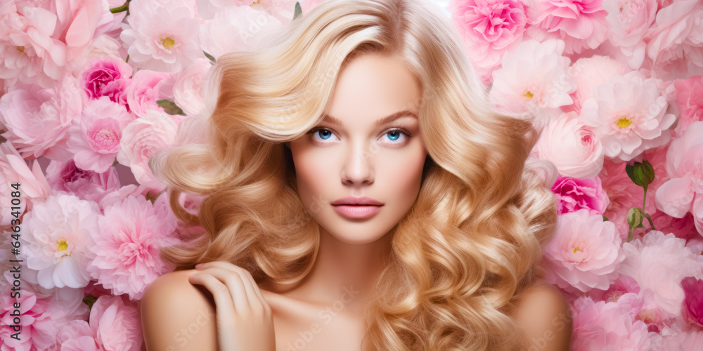 Beauty blonde woman long wavy hair, healthy skin, natural makeup, blue eyes on flowers background Beauty blonde woman long wavy hair, healthy skin, natural makeup, blue eyes on flowers background
