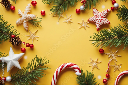 Christmas fir tree branches seasonal ornament candy canes stars creative flat lay