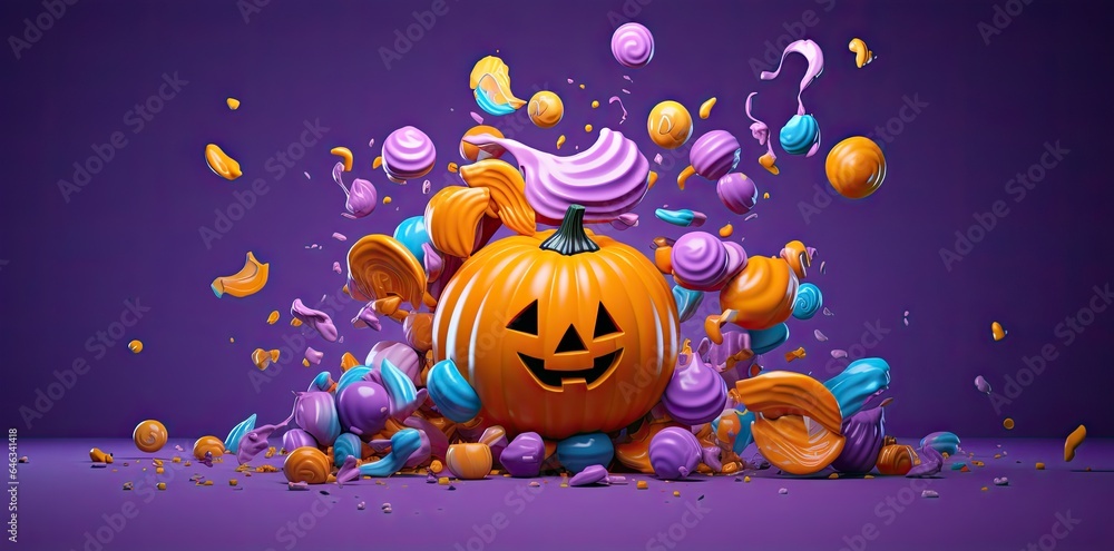 Naklejka premium Halloween pumpkin on purple background. Seasonal party. Generative AI