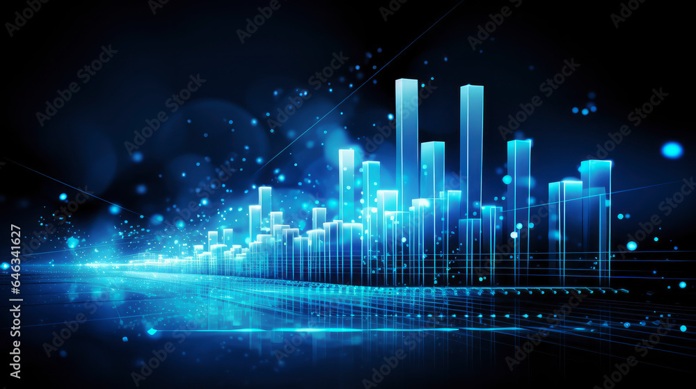 A business candlestick banner  graph chart of stock market investment trading on blue digital background, bullish point ,upward trend, financial analytics concept of monochrome graph diagram like sky