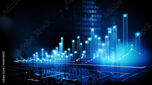 A business candlestick banner  graph chart of stock market investment trading on blue digital background, bullish point ,upward trend, financial analytics concept of monochrome graph diagram like sky © BrightSpace