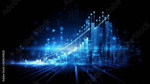 A business candlestick banner  graph chart of stock market investment trading on blue digital background, bullish point ,upward trend, financial analytics concept of monochrome graph diagram like sky