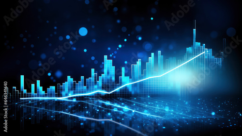 A business candlestick banner  graph chart of stock market investment trading on blue digital background  bullish point  upward trend  financial analytics concept of monochrome graph diagram like sky
