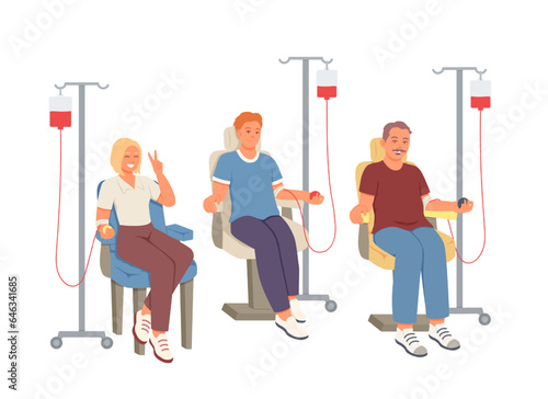 Old and young people sitting on chairs in clinic, donating blood. Social active youth. Lifesaving impact of blood. Volunteering organization members. Vector flat illustration in red and blue colors