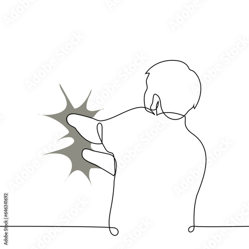 man stands with his hands stuck in a quagmire in the wall - one line art vector. concept fall into a trap, drown in a quagmire, trapped, stuck in one thing metaphor
