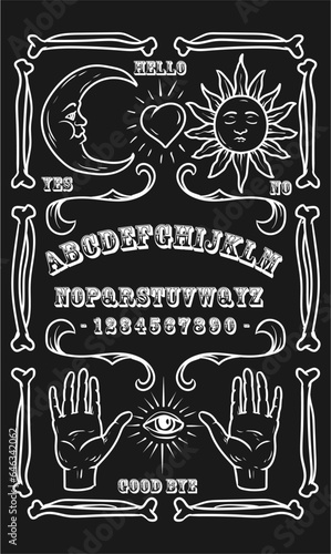 Graphic template inspired by Ouija Board. Black and white symbols of moon, sun, texts and alphabet. Gothic typography. Ghosts and demons calling game.