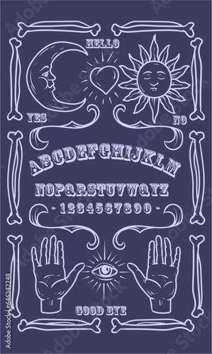  Ouija Board Illustration. Blue symbols of moon, sun, texts and alphabet. Gothic typography. Ghosts and demons calling game.