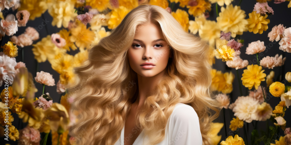 Beauty blonde woman long wavy hair, healthy skin, natural makeup, blue eyes on flowers background Beauty blonde woman long wavy hair, healthy skin, natural makeup, blue eyes on flowers background