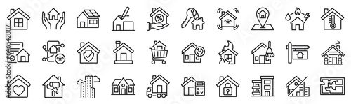 Set of 30 outline icons related to housing, house, real estate, home. Linear icon collection. Editable stroke. Vector illustration