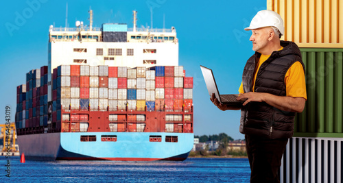 Sea logistics. Man works at...