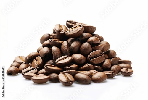 A pile of coffee beans on a white background