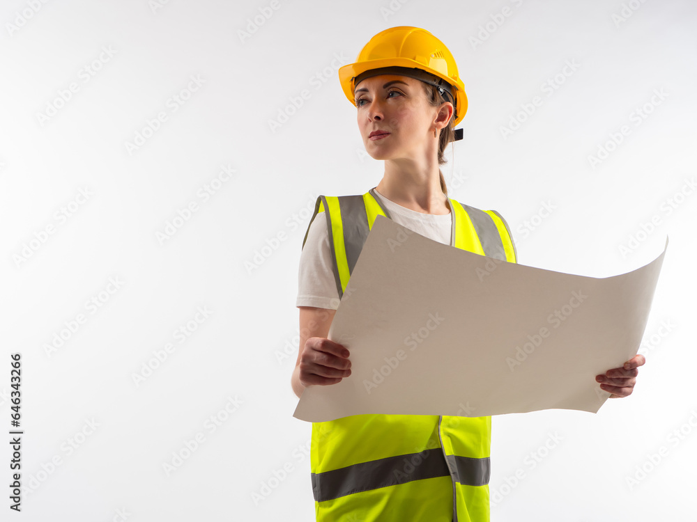 Woman builder. Girl with architectural documents. Female builder looks away. career in construction. Architect woman on white. Engineer in builder uniform. Successful manager construction company. Woman builder. Girl with architectural documents. Female builder looks away. career in construction. Architect woman on white. Engineer in builder uniform. Successful manager construction company.