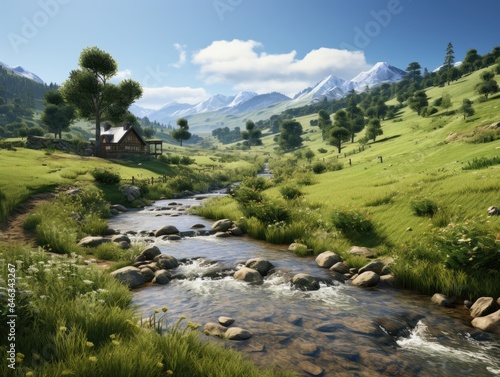 Peaceful countryside, with rolling green hills, a charming farmhouse, and a babbling brook Generative AI