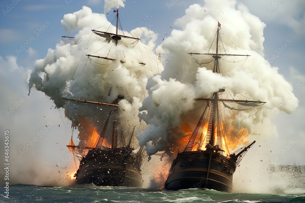 Sailing ships fight each other with cannons blazing. Great for stories on history, maritime warfare, pirates, adventure, the age of sail and more. Sailing ships fight each other with cannons blazing. Great for stories on history, maritime warfare, pirates, adventure, the age of sail and more.