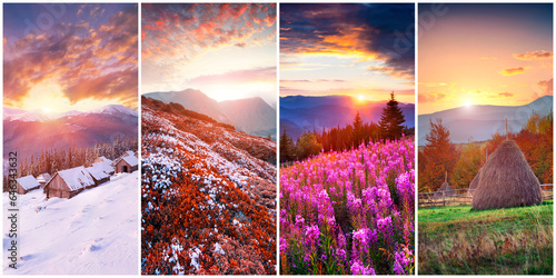 Collage of four seasons landscapes. Set of vertical pictures of nature background arranged in panoramic view. Wonderful outdoor scene of majestic mountains, green meadows and blooming flowers.