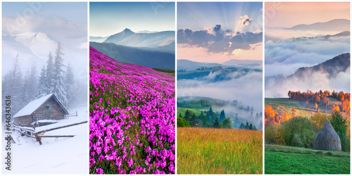 Collage of four seasons landscapes. Set of vertical pictures of nature background arranged in panoramic view. Wonderful outdoor scene of majestic mountains, green meadows and blooming flowers.