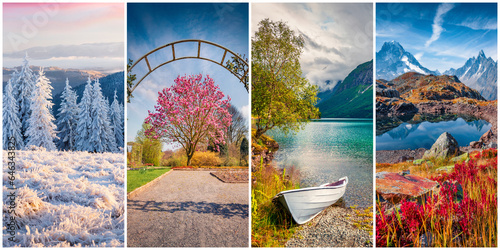 Collage of four seasons landscapes. Set of vertical pictures of nature background arranged in panoramic view. Wonderful outdoor scene of majestic mountains, green meadows and blooming flowers.