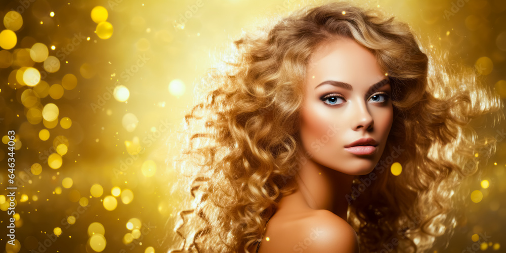 beauty blond young woman with curly hair on golden glitter background. hairstyle concept. free space beauty blond young woman with curly hair on golden glitter background. hairstyle concept. free space