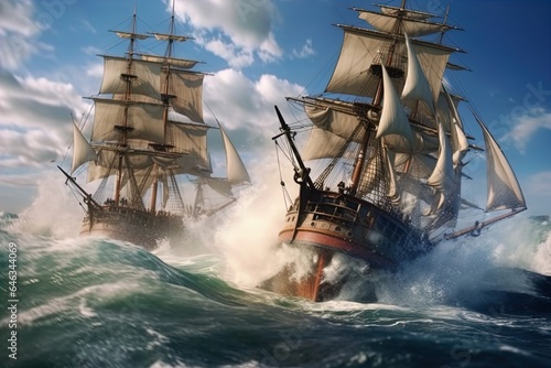 Sailing ships fight each other with cannons blazing. Great for stories on history, maritime warfare, pirates, adventure, the age of sail and more. © ECrafts