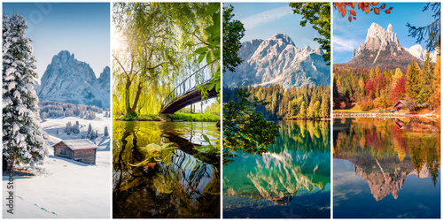 Collage of four seasons landscapes. Set of vertical pictures of nature background arranged in panoramic view. Wonderful outdoor scene of majestic mountains, green meadows and blooming flowers. photo