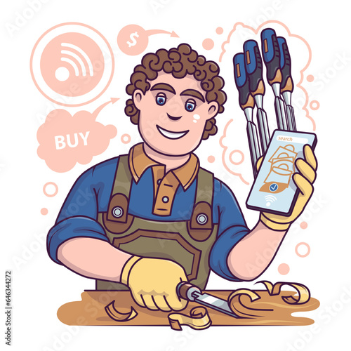 Man ordered tool in online store, works with wood. Order and buying different instruments for work with wood. Online shopping via smartphone. Flat vector illustration in cartoon style