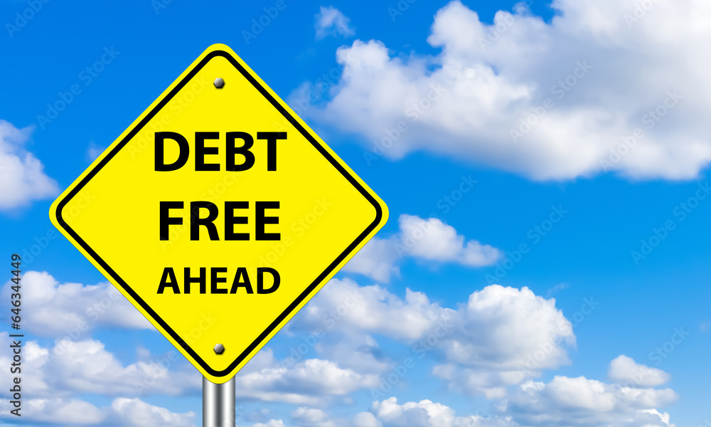 Debt free ahead. Yellow road sign. Offer to solve financial problems. Debt free zone warning. Street sign on sky background. Economic concept. Debt free slogan. Getting rid of loans. 3d image Debt free ahead. Yellow road sign. Offer to solve financial problems. Debt free zone warning. Street sign on sky background. Economic concept. Debt free slogan. Getting rid of loans. 3d image