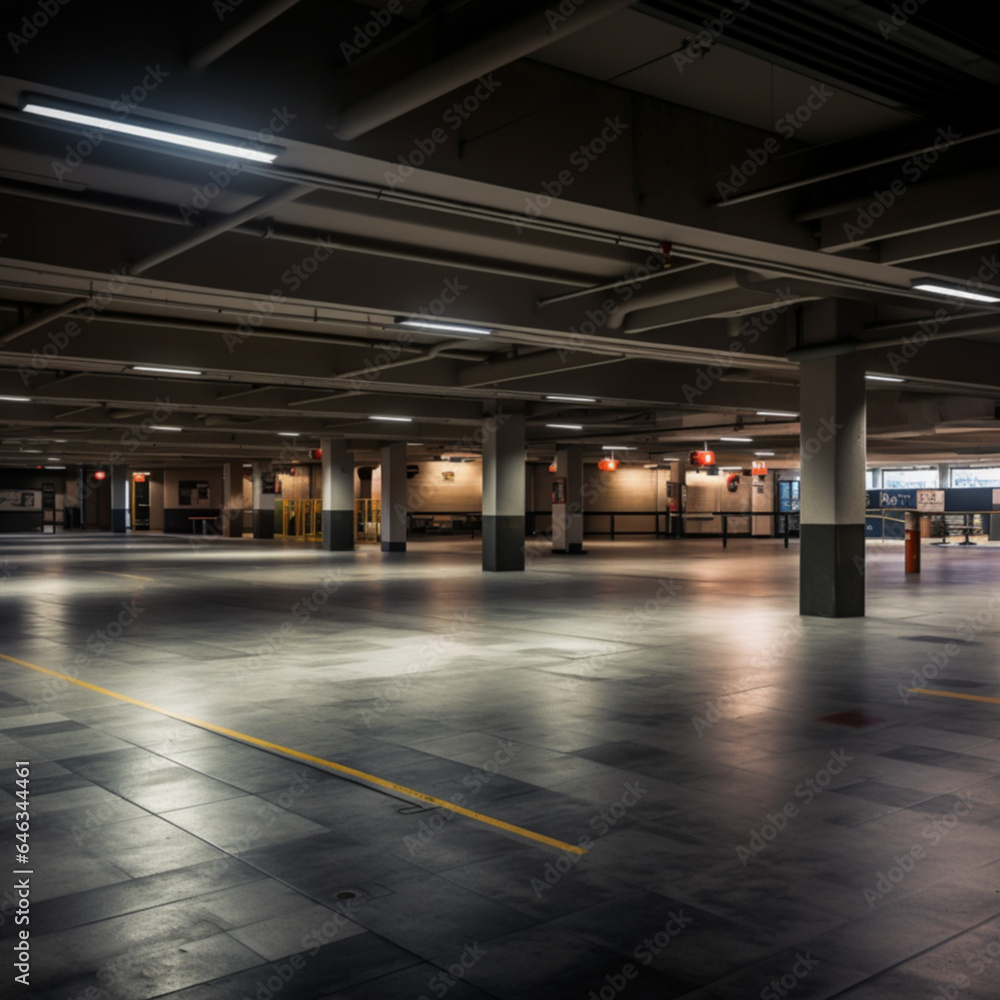 inside a parking garage, concrete floors, no cars, ultra realistic, photo taken midday