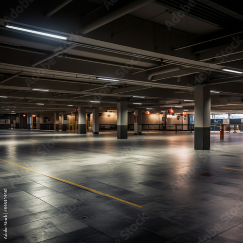 inside a parking garage, concrete floors, no cars, ultra realistic, photo taken midday © نيلو ڤر