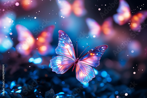 Butterfly in the blue light with bokeh background AI Generative