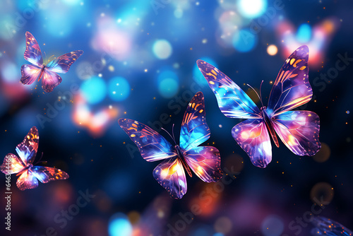 Butterfly in the blue light with bokeh background AI Generative