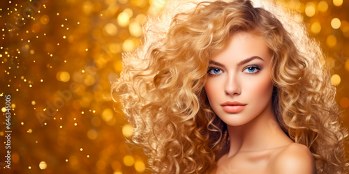 beauty blond young woman with curly hair on golden glitter background. hairstyle concept. free space © zamuruev