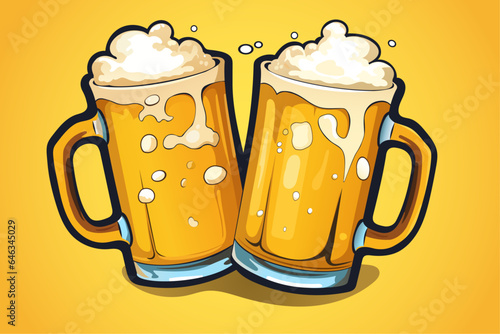 Two mugs of beer. Toast. Cheers. Oktoberfest. Beer festival. Vector illustration for design or print.