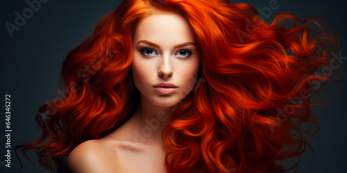 Young red haired woman with gorgeous voluminous long hair, dense, hairstyle. hair dye, hairstyle