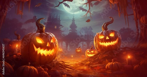 Spooky Night Halloween Banner with Pumpkins - Halloween Animation. Helloween season with Scary carved halloween pumpkin.