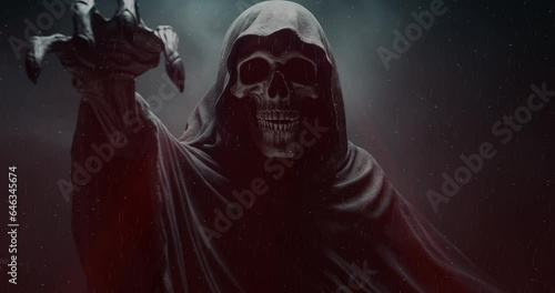 Halloween. Grim reaper reaching towards the camera over dark background	