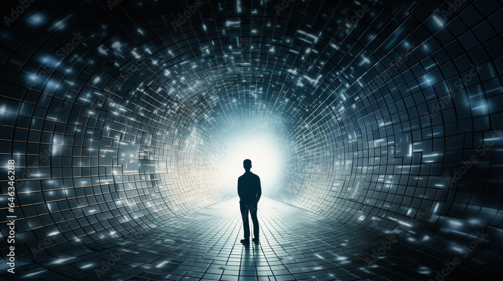 silhouette of a man standing in an information flow tunnel futuristic illustration. Generative Ai silhouette of a man standing in an information flow tunnel futuristic illustration. Generative Ai