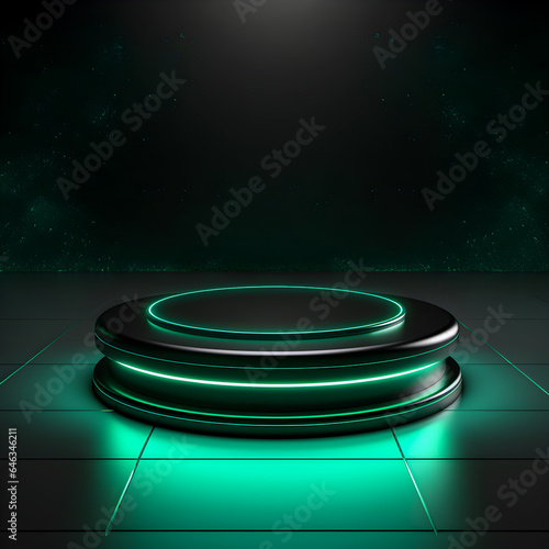 Dark green circle natural futuristic podium 3d render © sanjit536