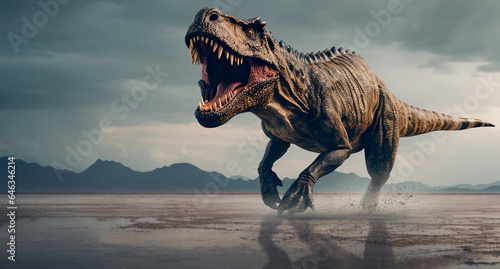 a huge Tyrannosaurus rex runs around in search of prey. Generative Ai © PETR BABKIN