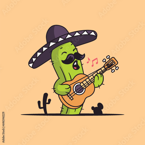 Funny mexican mariachi cactus playing guitar in the desert, vector cartoon illustration