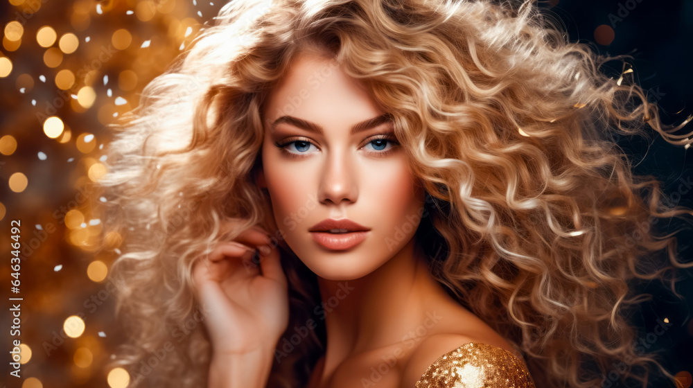 beauty blond young woman with curly hair on golden glitter background. hairstyle concept. free space beauty blond young woman with curly hair on golden glitter background. hairstyle concept. free space