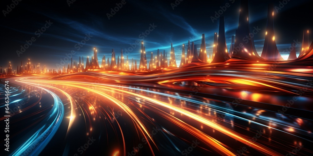 abstract background, banner with 
light effects of traces from high-speed traffic on the highway, neon bright lights and glare on a dark background 