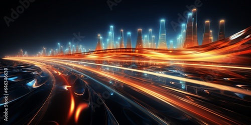 abstract background, banner with light effects of traces from high-speed traffic on the highway, neon bright lights and glare on a dark background 