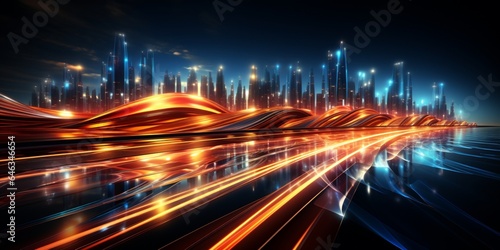 abstract background, banner with light effects of traces from high-speed traffic on the highway, neon bright lights and glare on a dark background © Inga